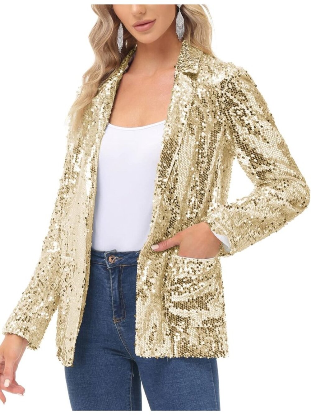 Women's Gold Sequin Jackets Open Front Blazer Jacket Sparkly Casual Long Sleeve